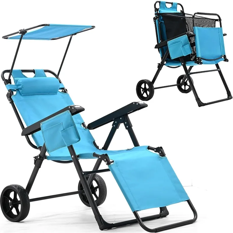 

Beach Cart Chairs with Wheels, 2 in 1 Heavy Duty Beach Chair with Canopy Shade, Foldable Beach Lounge Chair