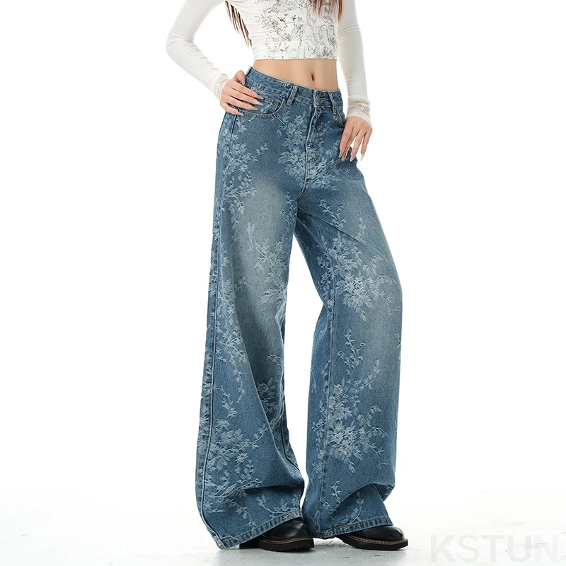 KSTUN 2026 Jacquard Embroidery Jeans For Women Wide Leg Denim Pants High Waisted Mom Jeans Fashion Vintage Full Length Trousers