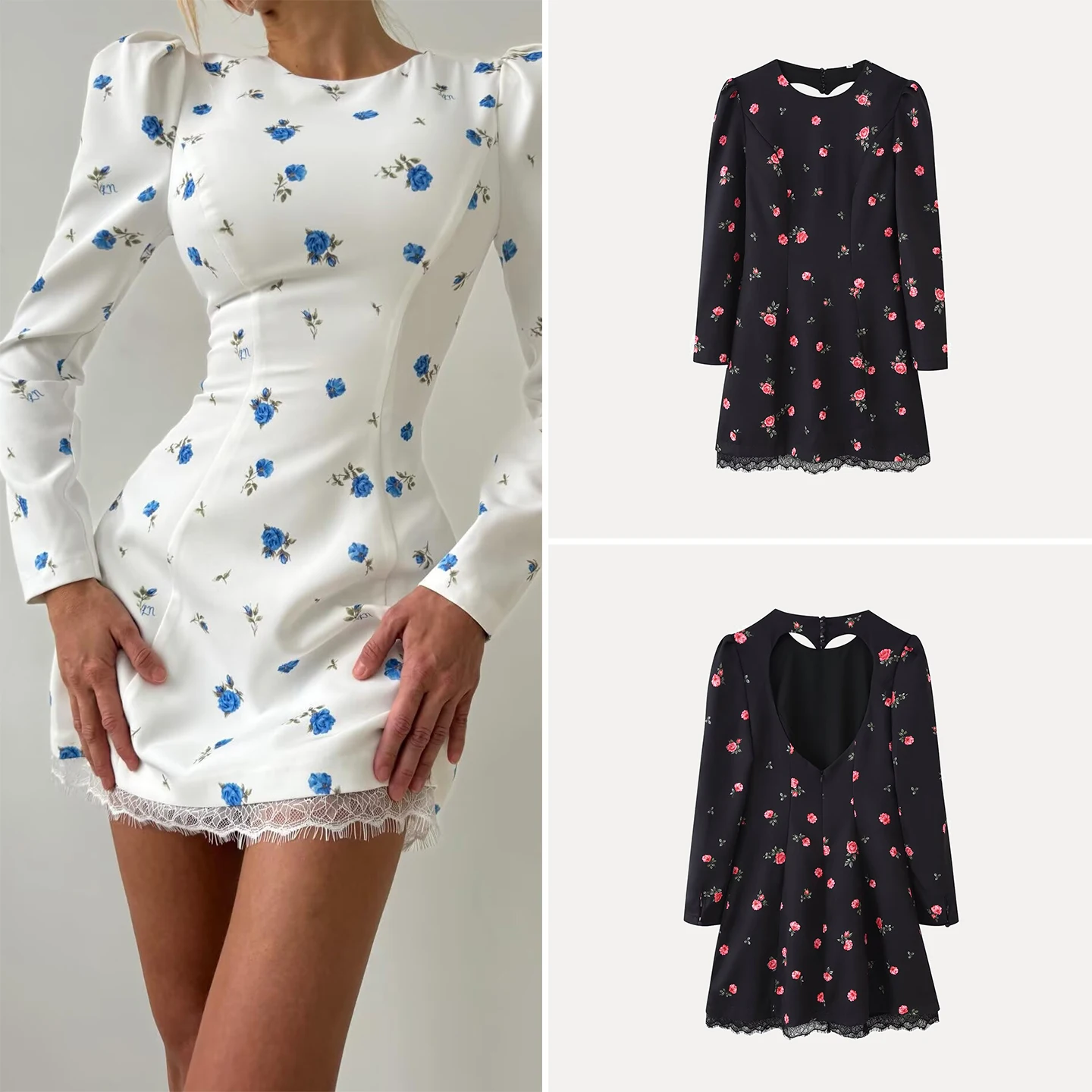 Women's Fashionable Casual Lace Hollow out Splicing Heart Pattern Two Color Summer Dress Long Sleeve Daily Wear Zadata