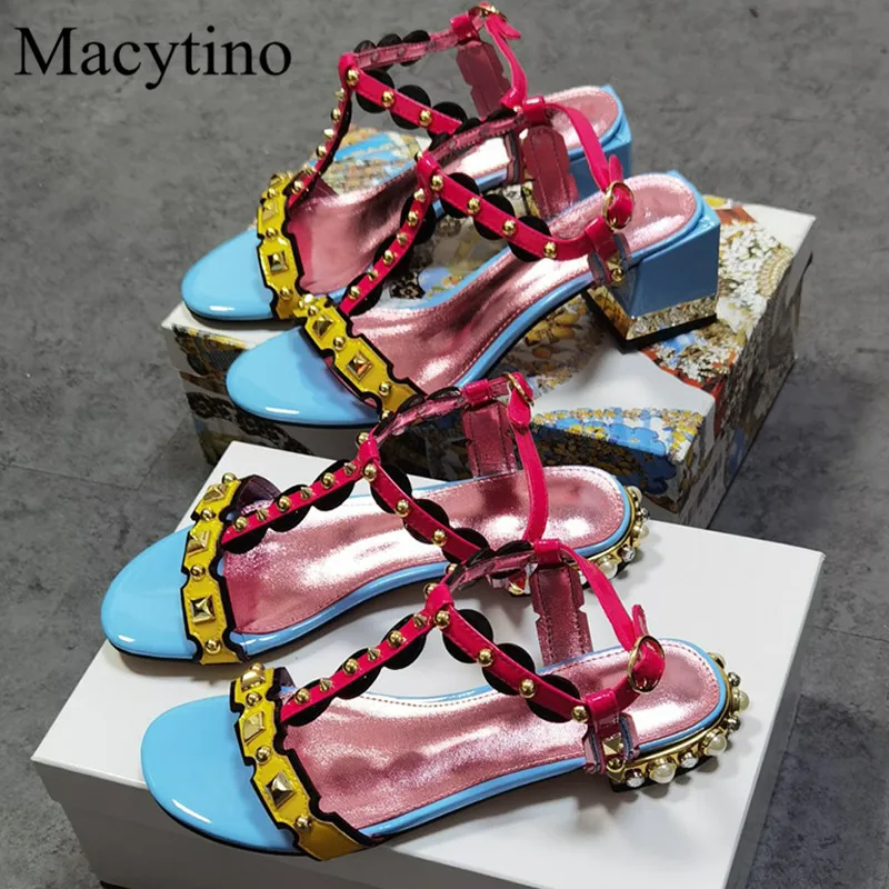 Studded Pearl T Strap Design Ladies Sandals Round Toe Chunky Heel Low Heel Sandals Fashion Party Sandals