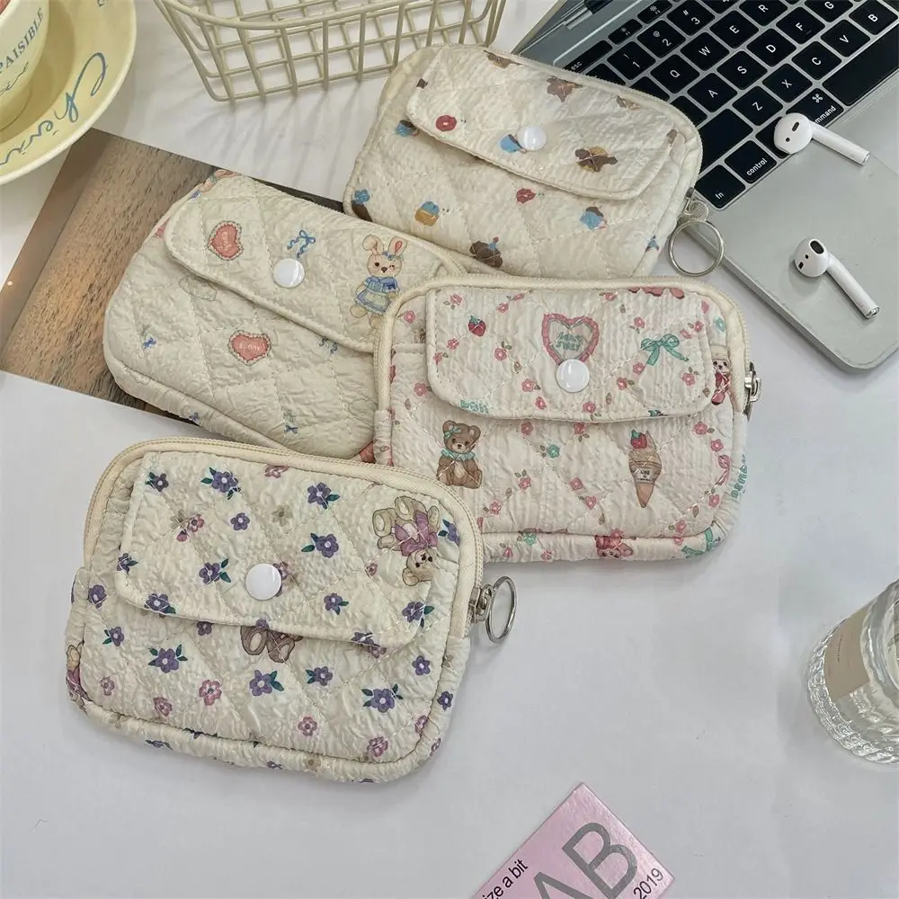 New Portable Cartoon Floral Coin Purse Quilted ID Holder Key Coin Purse Card Bags Multifunctional Cute Quilted Storage Bag