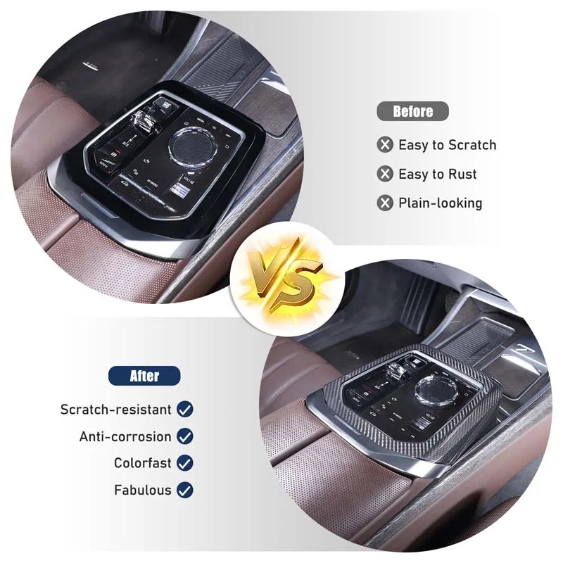 ألياف الكربون الحقيقية لسيارات BMW 7 Series G70 2023 + لوحة لوحة قيادة السيارة منفذ الهواء إطار زجاجي رفع زر الإطار ملصق الملحقات