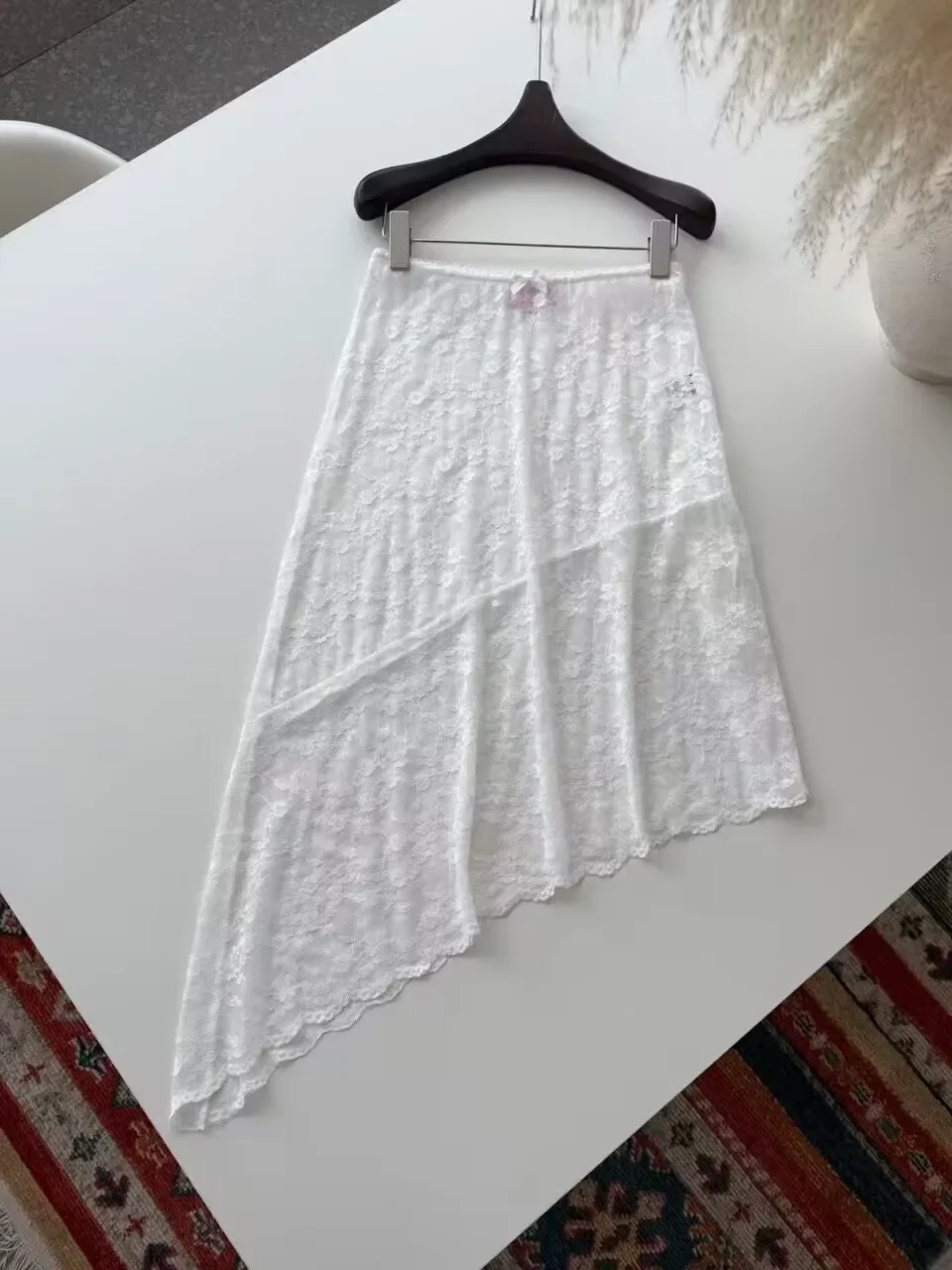 

Lace Embroidery Women Perspective White Skirt 2025 New Elastic High Waist Asymmetric Hem Sexy Female Knee-Length Jupe