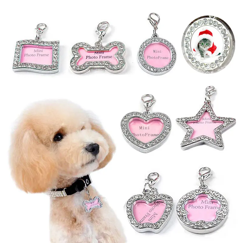 Dog ID Tag Pet Cat Collar Pendant Crystal Photo Frame Bone Heart Dog Tag Handwriting Name Phone Number Address Anti-lost Fashion