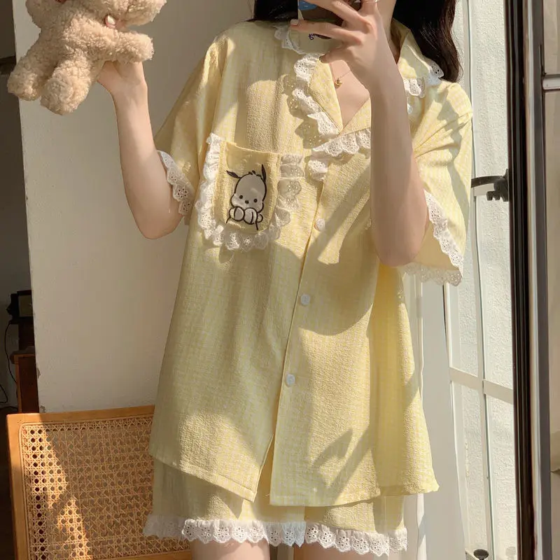 Conjunto de pijama de seda Sanrio Pudding feminino, shorts de manga curta, lounge casual, algodão verão