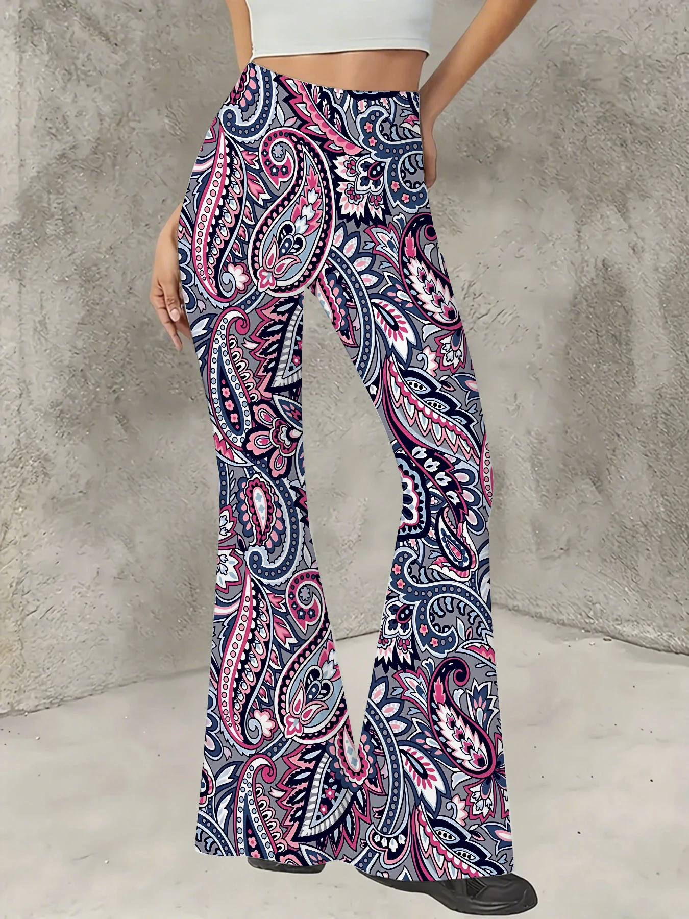 

Women's Print Flare Pants Casual High Waist Knit Bell Bottom Trousers Boho