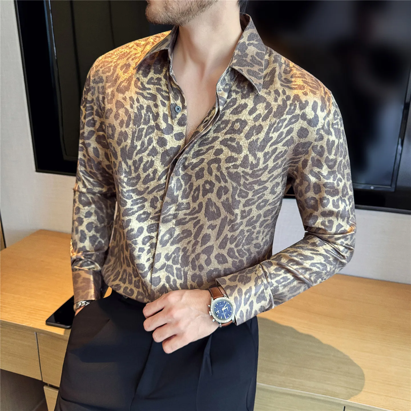 Luxury Gold Leopard Print Shirt Men Autumn 2025 High-quality Long Sleeved Casual Business Shirt Social Banquet Party Costumes