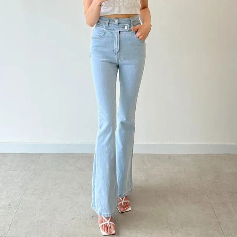

Retro Light Blue Bell Bot Jeans High Waist Wide Leg Floor Length Pants for Women Summer Season Button Closure Slimming Effect