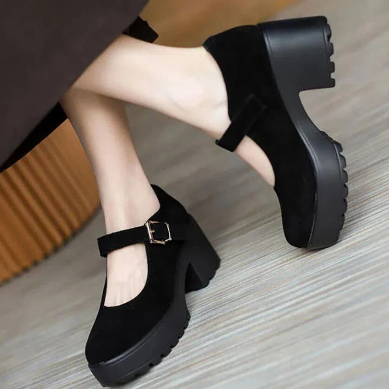 Autumn Women Flock Mary Jane Thick-soled Square-heeled Shoes Female Harajuku thick-heeled Japanese Single Shoes 2024 Pumps