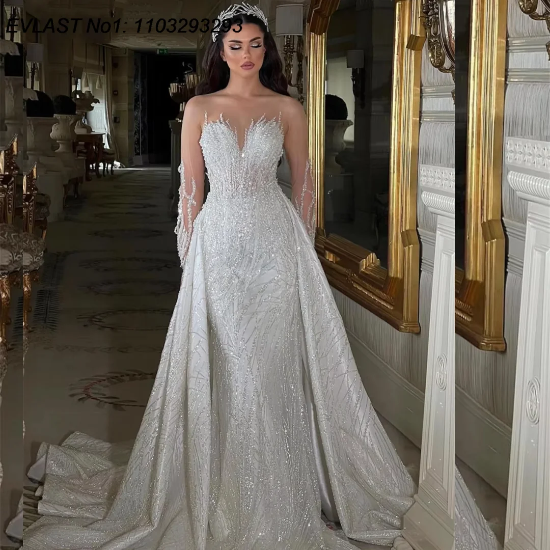 EVLAST Angepasst Romantische 2025, Spitze Langarm Meerjungfrau Hochzeit Kleid Applique Perlen Frauen Braut Kleid Vestidos De Novia TMD80