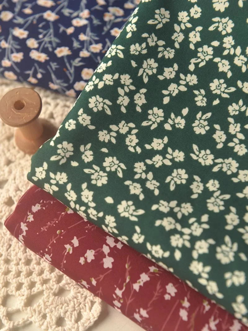 Floral chiffon fabric for spring and summer dresses, curtains in burgundy, navy, green, blue and white, 140x50cm