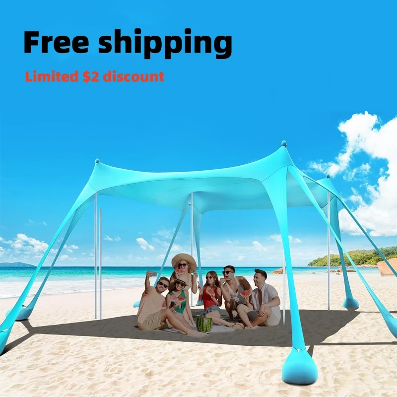 

4 Poles Family Beach Awning Outdoor Beach Tent Large Sun Shelter Camping Shades Tents Windproof Beach Folding Awnings