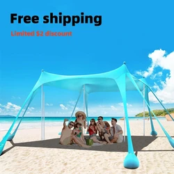 4 Poles Family Beach Awning Outdoor Beach Folding Tent Large Sun Shelter Camping Shades Tents Windproof Beach Folding Awnings