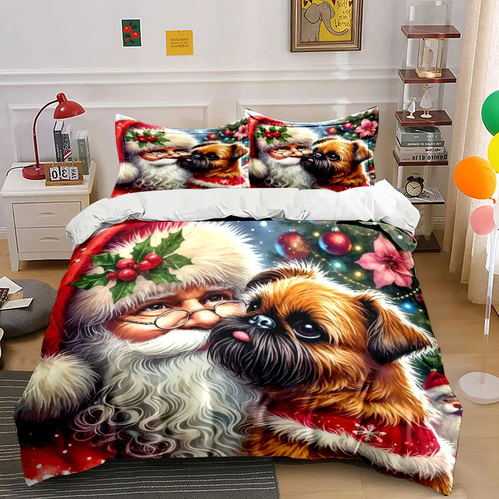 Santa Claus is holding a cute little dog Print Duvet Cover Bedding Set Included 1*Duvet Cover 2*Pillowcases Luxury gifts