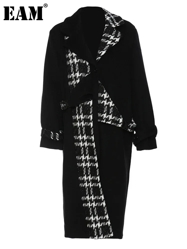 

[EAM] Black Plaid Big Size Long Thick Woolen Coat New Lapel Long Sleeve Women Jacket Fashion Tide Autumn Winter 2024 1DH5637