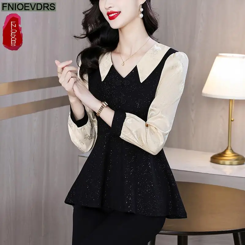 Retro Vintage Black Peplum Bling Tops New Design Women Autumn 2024 Fashion Office Lady Elegant Tunic Button Shirts Blouses