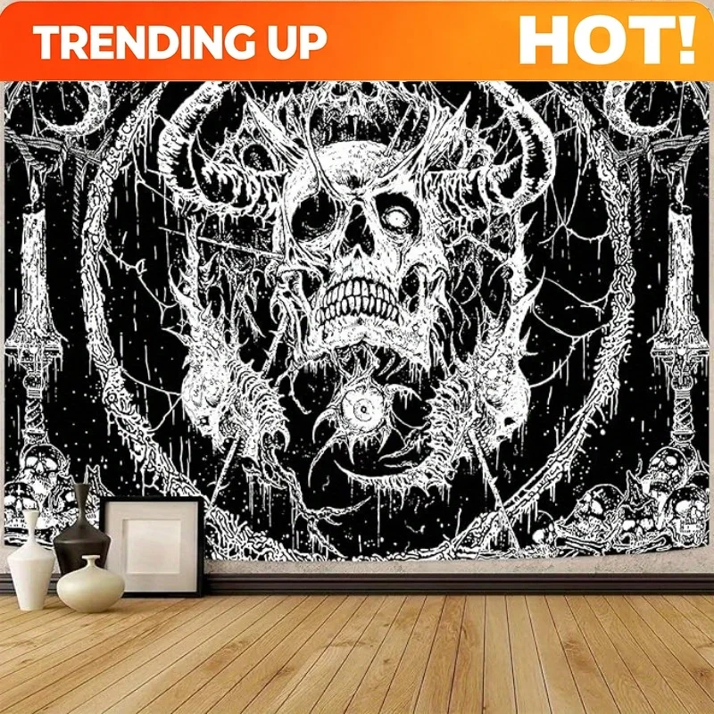Customization Gothic Horned Skull & Bat Wing Tapestry - Dark Mystic Wall Hanging Suitable For Bedroom, Living Room - Spooky Goth