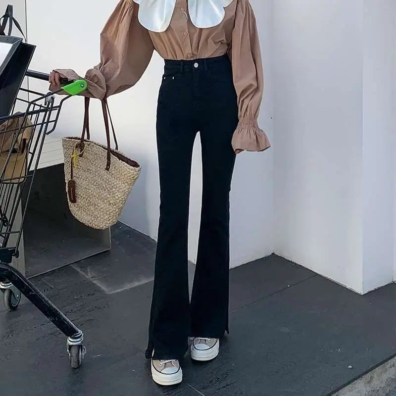 

Spring New High Waist Flare Pants Women's Jeans Allmatch Cleanfit Sle Water Waed PU Fabric Blue Color for Middle-Aged Women