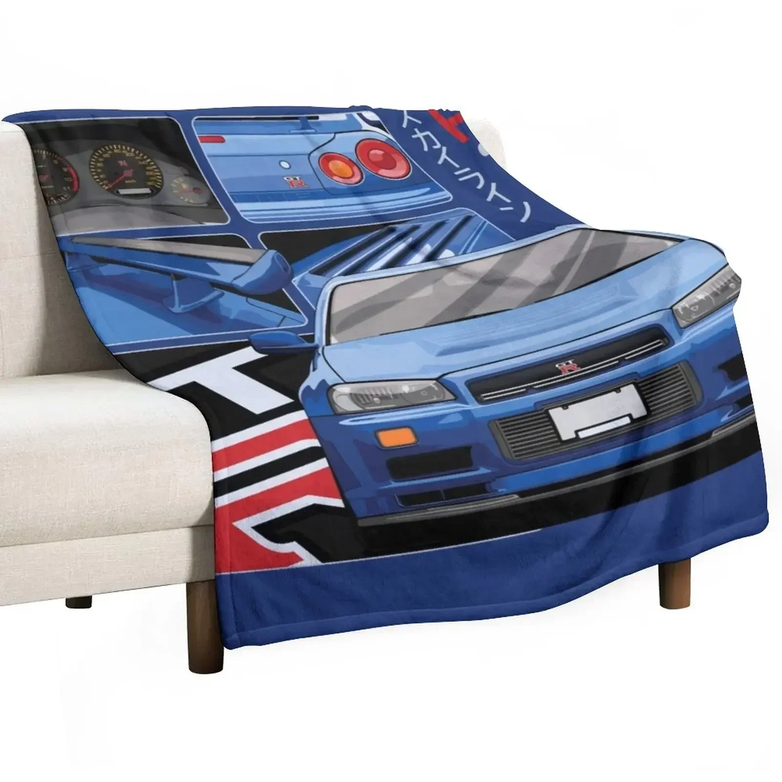 Skyline GTR R34 Blue Drawing Vector Throw Blanket anime Furry Blanket Bed covers
