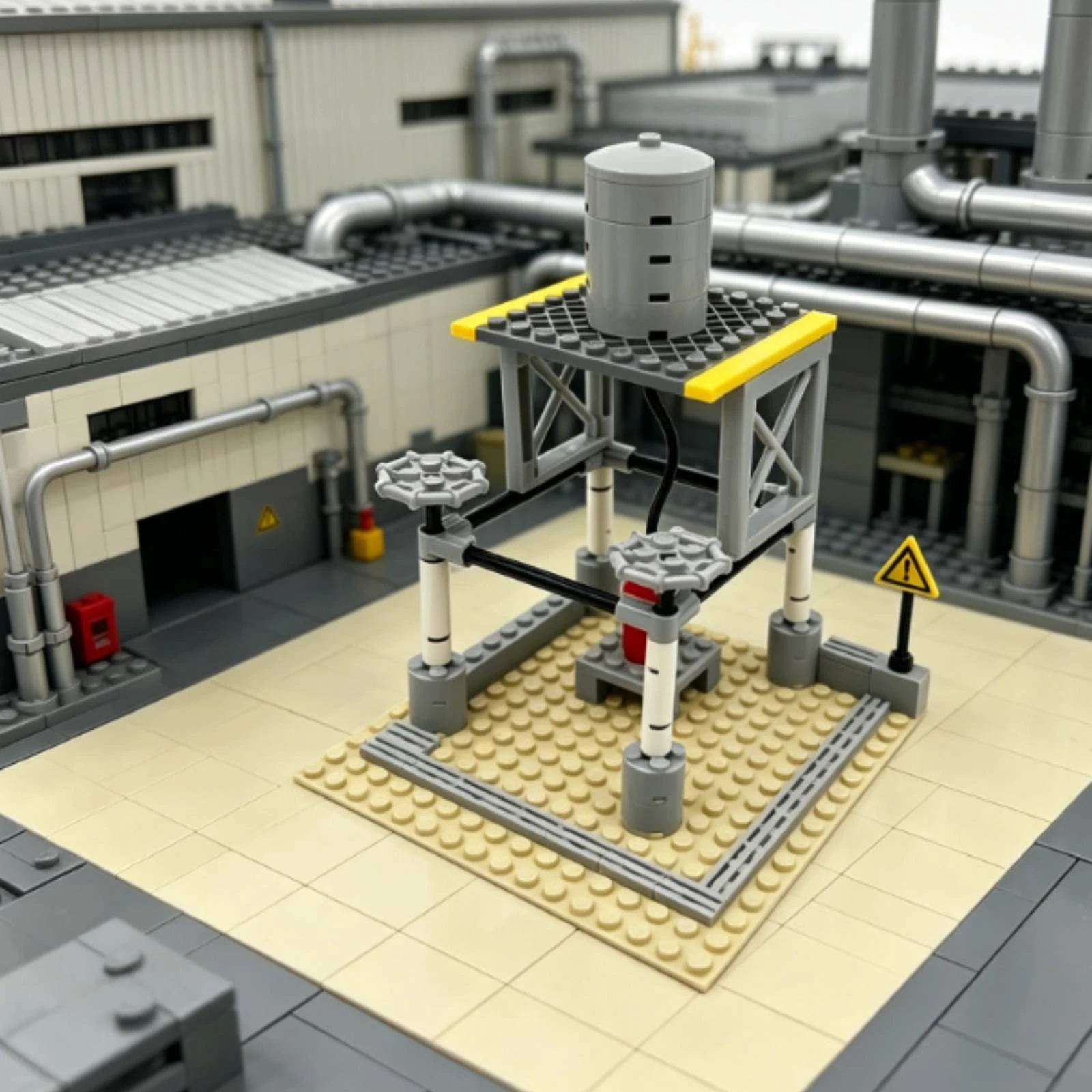 Cenário de Abastecimento de Combustível com Base Tan, Conjunto de Construção em Blocos, Detalhes de Tubos Pretos e Escada