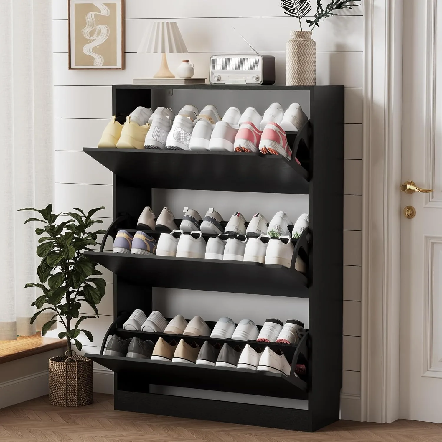 Freestanding Narrow Slim Wood Shoe Cabinet with 3 Flip Drawers Hidden Sturdy Shoe Storage for Entryway, Custom