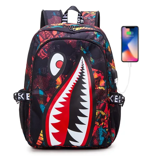 Imagen 2 del producto Mochila Mochila de viaje con estampado de tiburones de dibujos animados, Mochila para estudiantes de escuela primaria, Mochila Infantil