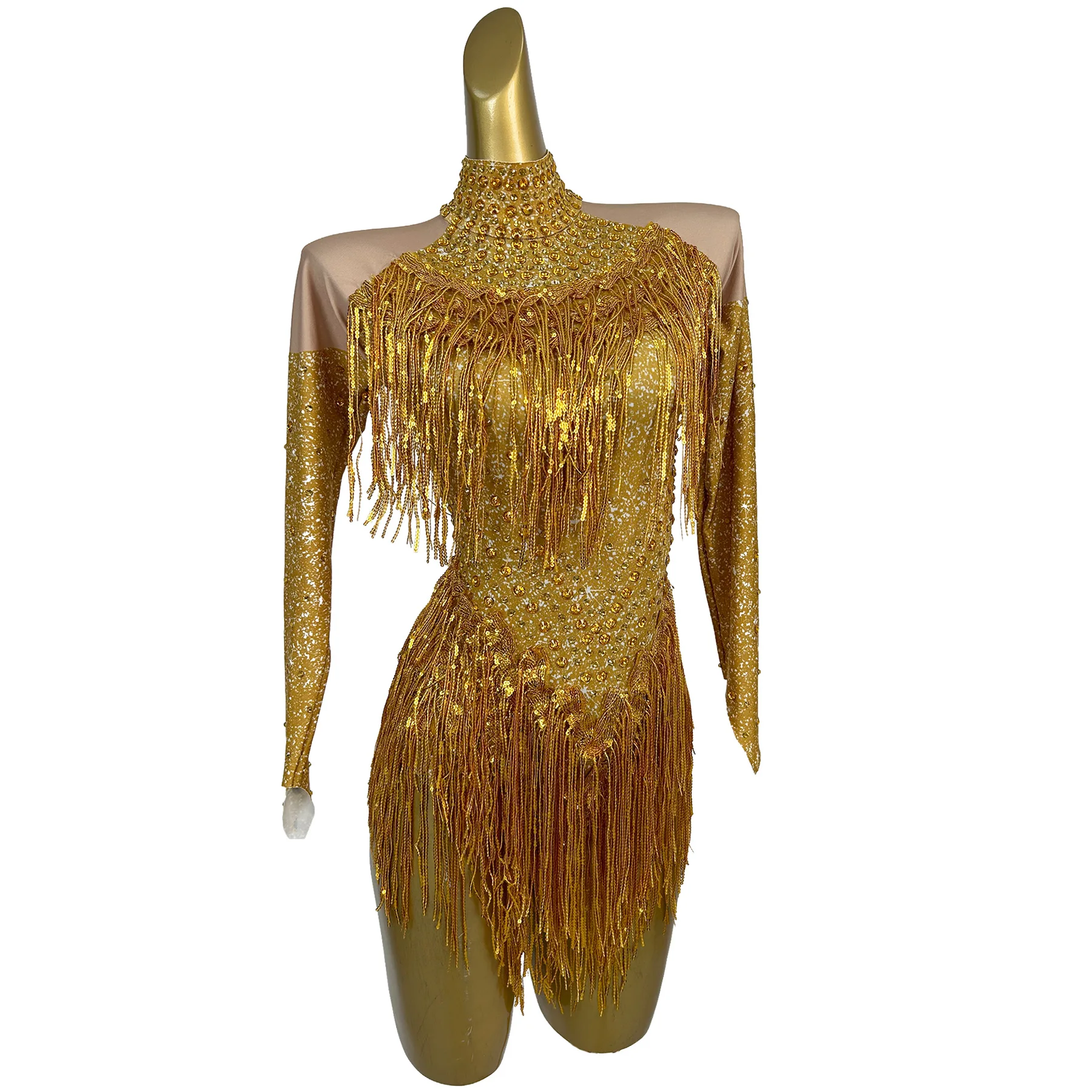 sparkling long sleeves crystal tassel bodysuits women night club dancer leotard carnival stage performance one piece jumpsuit