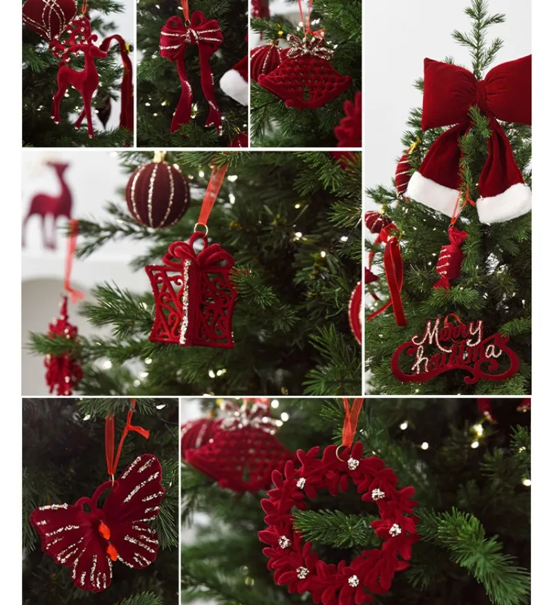 Decoración roja para árbol de Navidad, arco flocado, bastón de caramelo, mariposa, adorno colgante para árbol de Navidad, fiesta de Año Nuevo, decoraciones para el hogar