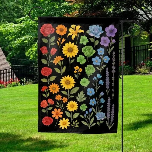 Rainbow Floral Garden Flag  Colorful Flowers on Black Outdoor Yard Decoration RRM IIX SSL