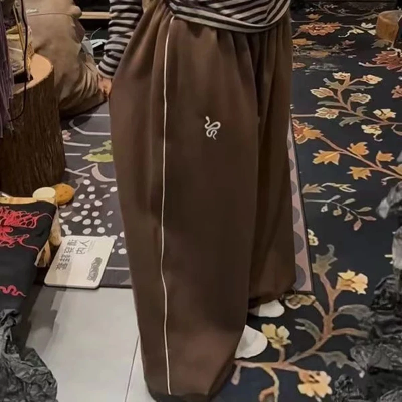 Deeptown Green Embroidery Wide Leg Women Dance Pants Gray American Vintage Oversized Straight Trousers Basic Casual Hip Hop