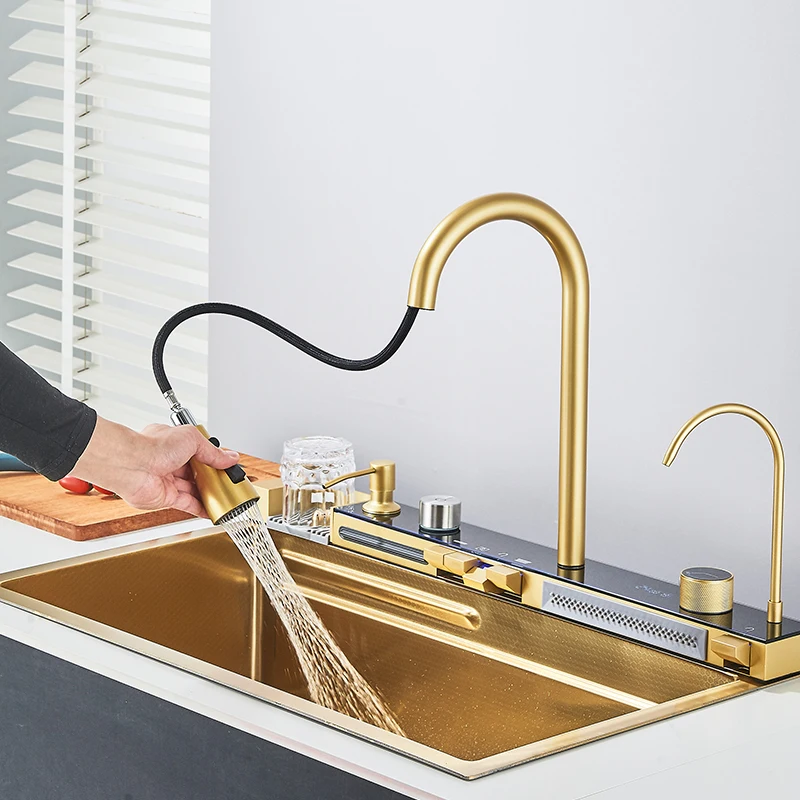 

Brushed Golden Smart Digital Display Integrated Kitchen Sink Set with Waterfall/Rain Faucet, Soap Dispenser & Cup Washer