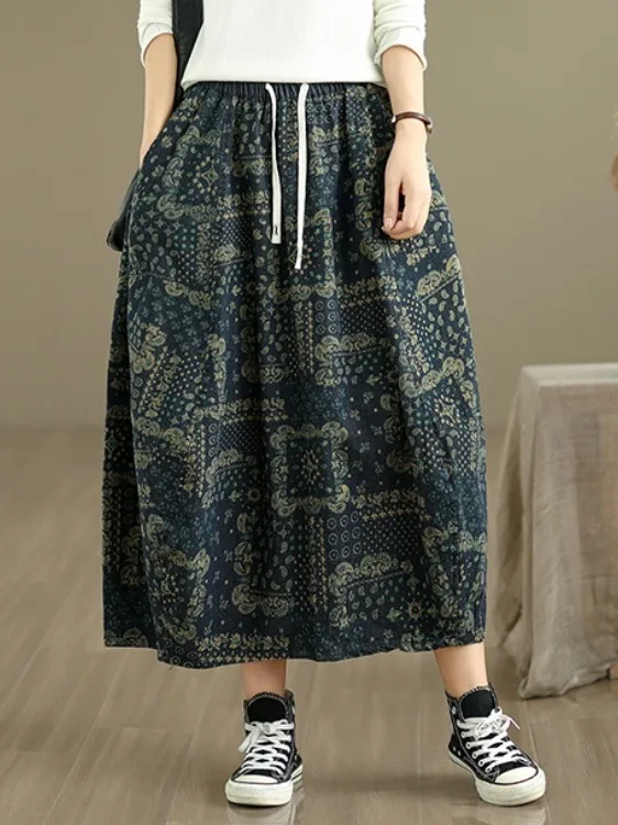 

Ethnic Sle Elastic Waist Denim f Skirt Large Size Women's Autumn New Bloom Skirt Loose Slim A-Line Skirt