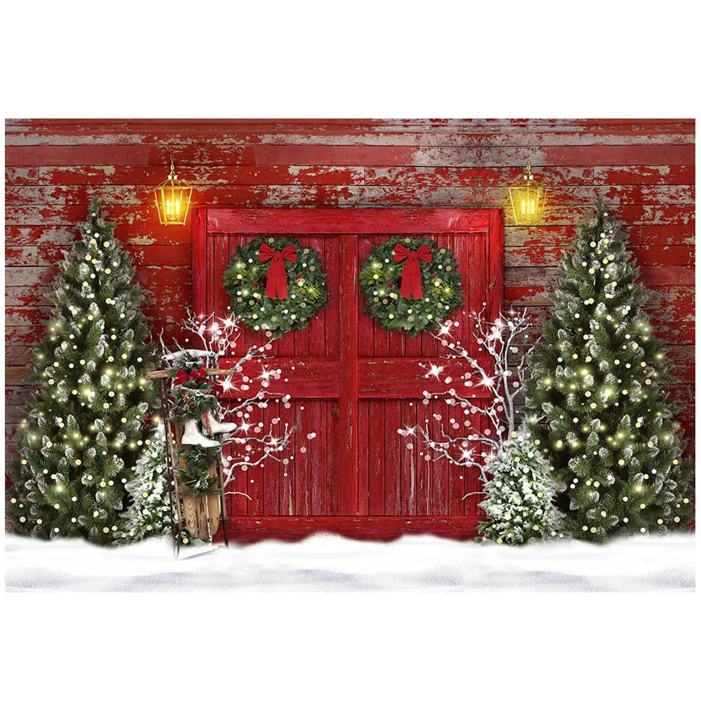 Mocsicka Winter Christmas Backdrops for Photography Red Wooden Door Pine Tree Snowfield Photo Background Girl Portrait Photocall