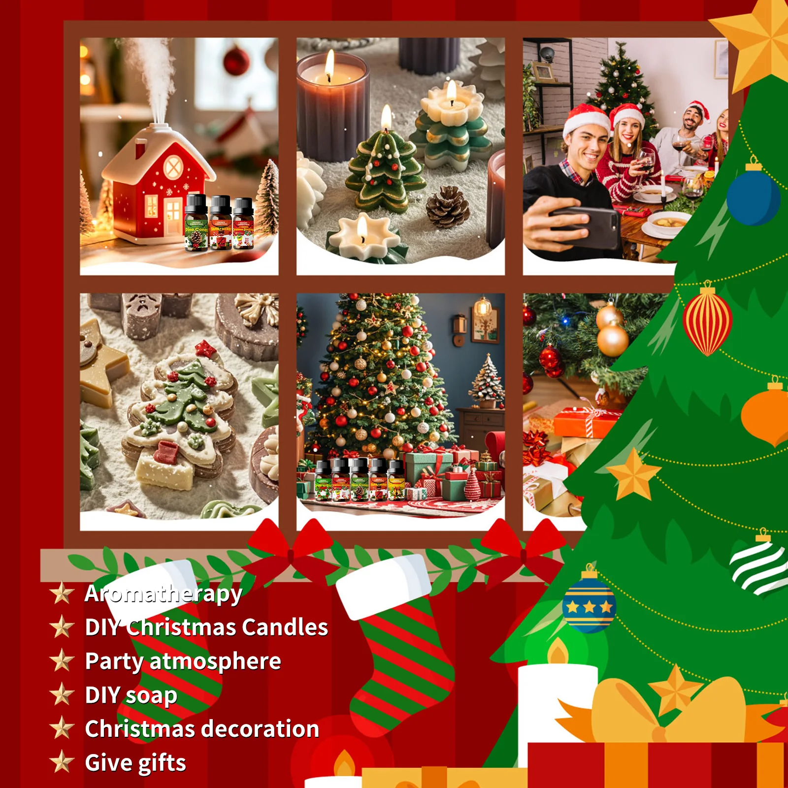 6PCS 10ML Merry Christmas perfumes -Christmas Wreath Christmas Bells Christmas Goblin Christmas Stockings Pine Cones Nutcracker