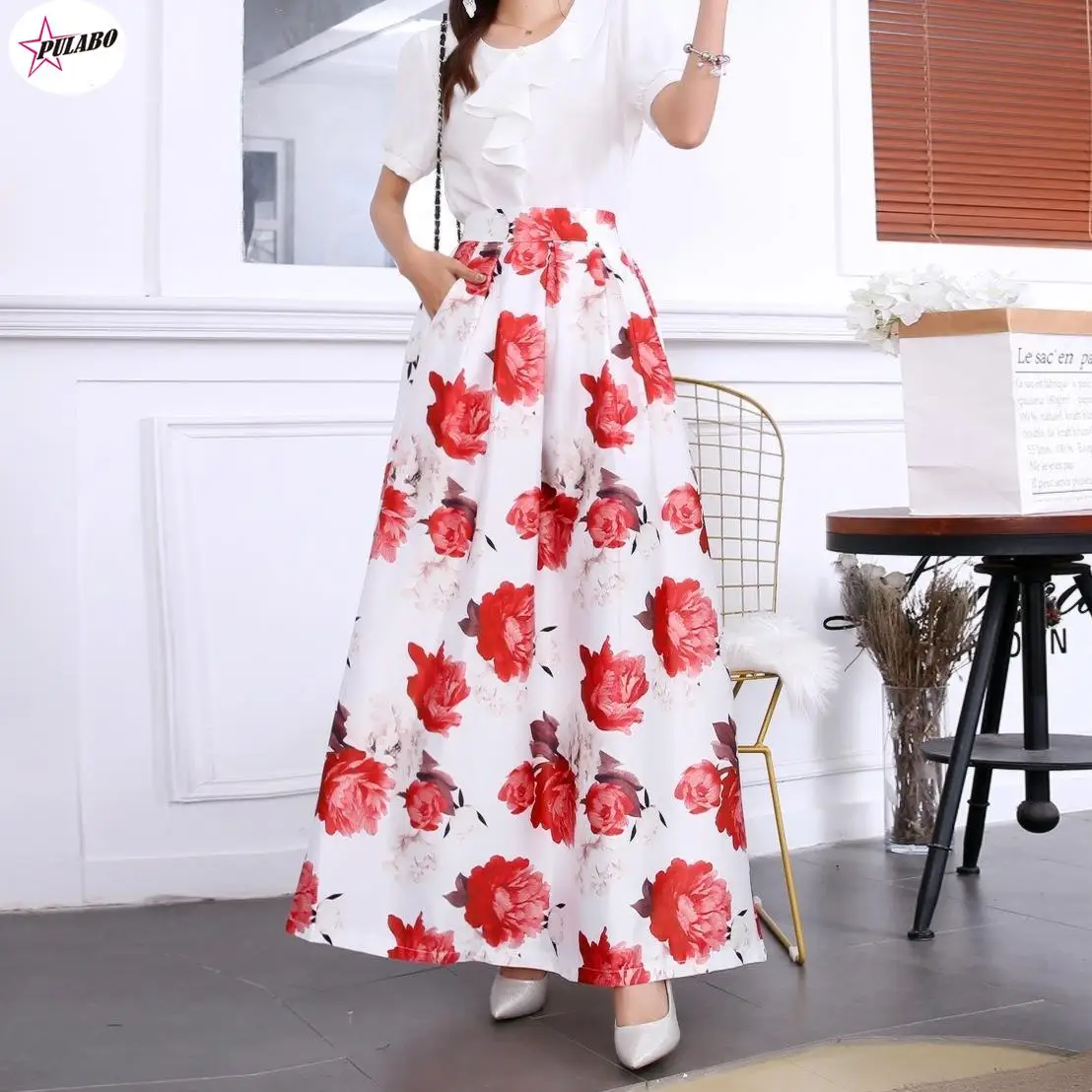 PULABO Floral Print Skirt Empire y2k BOHO Ladies Tulle Skirt Womens Jersey Gypsy Maxi Full Long Skirt Spring Autumn 3XL