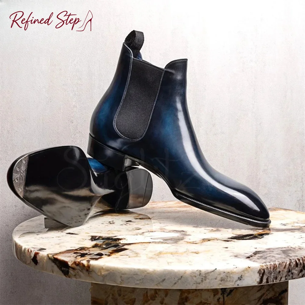 Almond Toe Chelsea Booties Formal Occasions Haute Couture Ankle Boots Genuine Leather Hand-Polished Stitched Slip-On Men's Boots