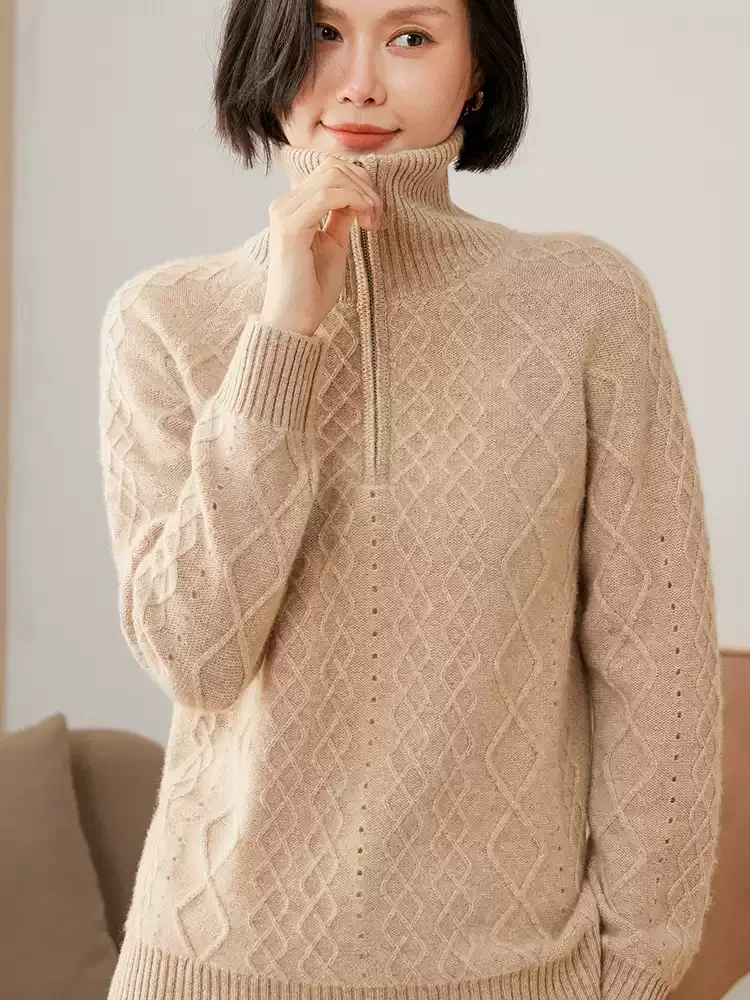 High-lapel cashmere sweater in autumn and winter, women's thick twisted loose pullover, semi-zippered wool knit top.