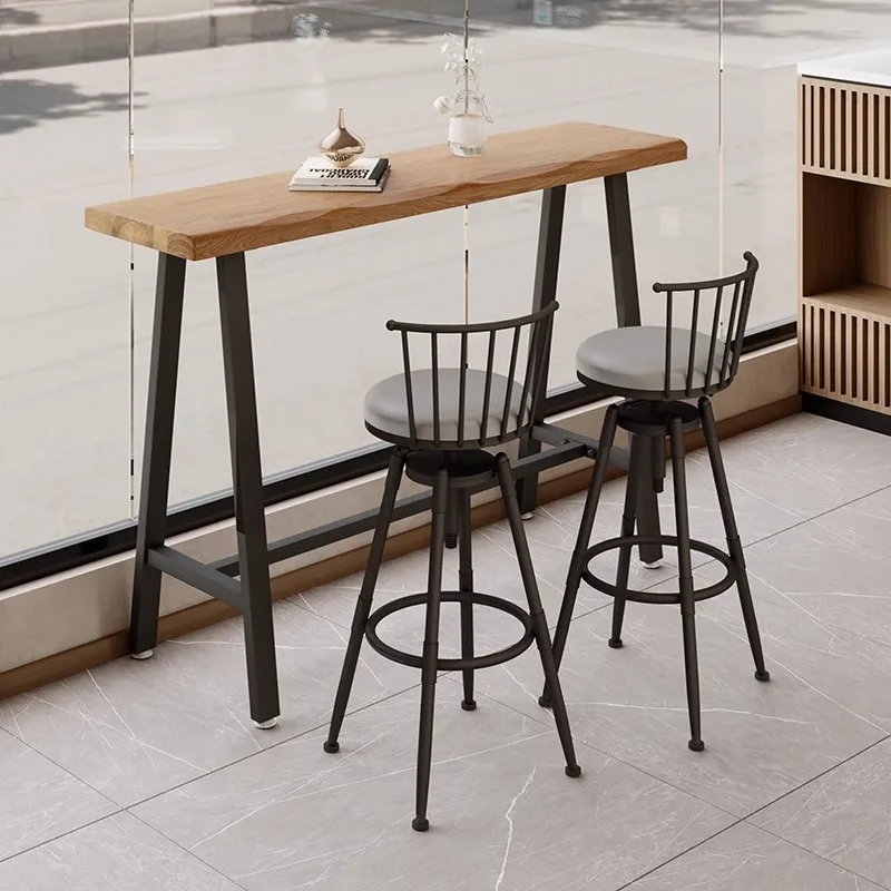 

Commercial Leisure Solid Wood Bar Table High-Legged Chair Combination Simple Modern for Home Balcony Long Wall-mounted Bar Table