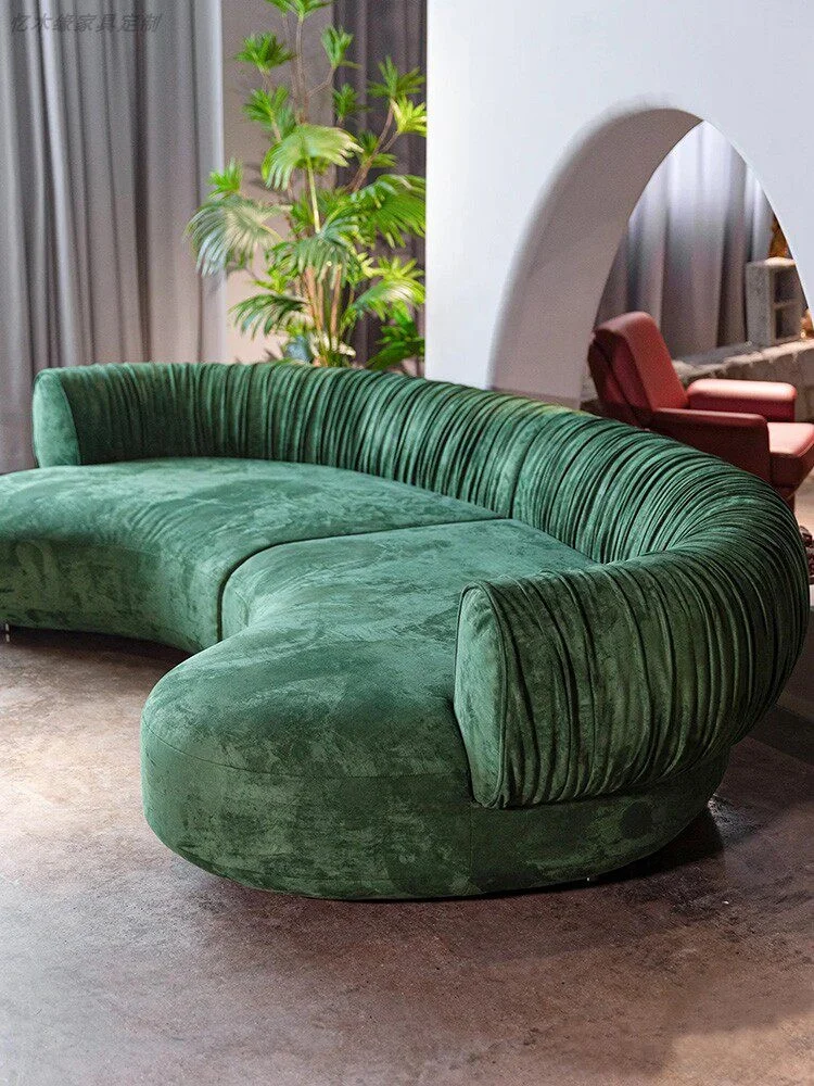 &Chinese Home or Hotel Living Room Three Seat Upholstered Creative Unique Curved Moon-shaped Green Fabric Velvet Sofa for Sittin