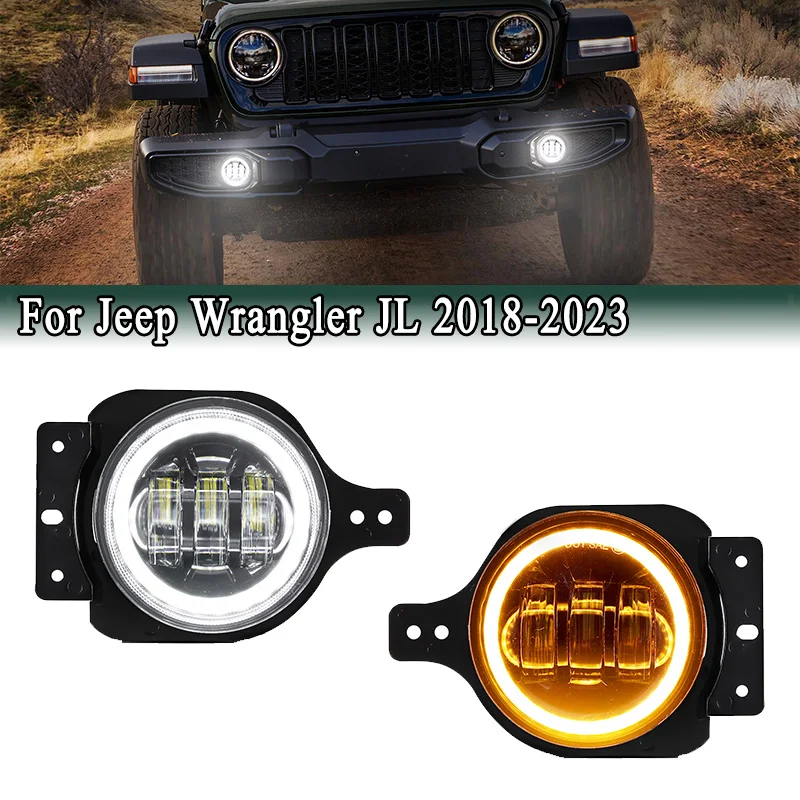 

For Jeep Wrangler JL 2018-2023 4 Inch LED Fog Light Assembly with Brackets White DRL Driving Light with Amber Turn Signal Lamp