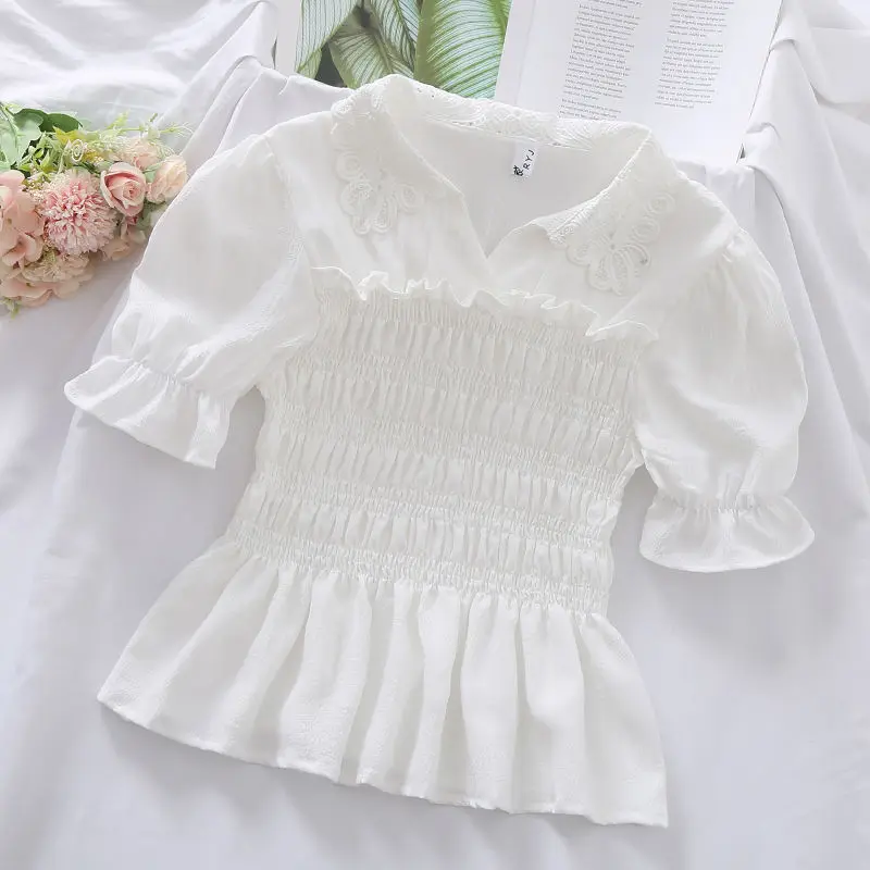 Casual All-match Fashion Solid Color Slim Blouses Women\'s Clothing Summer New Chiffon Lace Spliced Folds Ruffles Tops Shirt