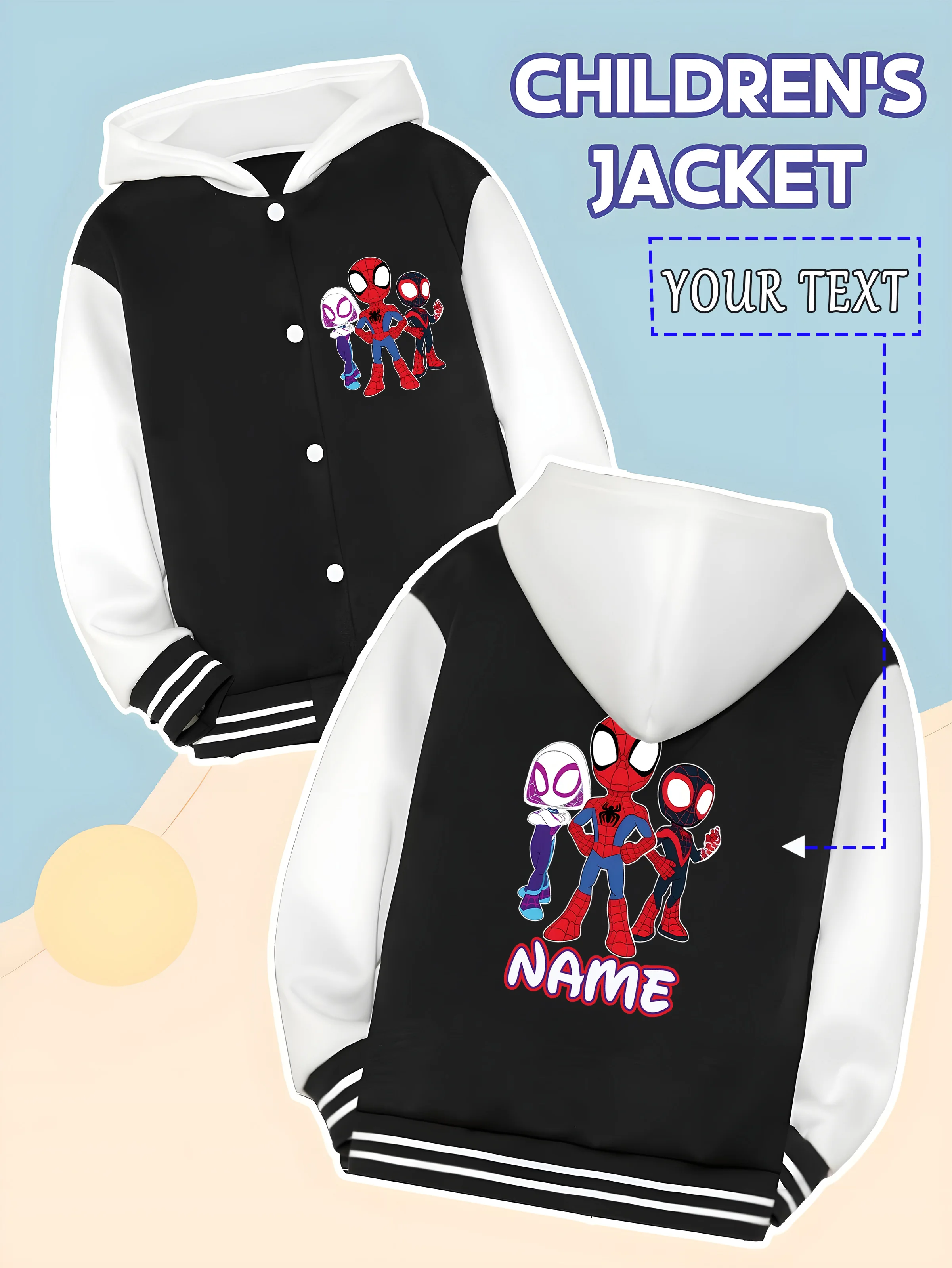 

MINISO Marvel Boys' Baseball Jacket - Spider-Man Team Print, multiple characters are super eye-catching, and it is super popular