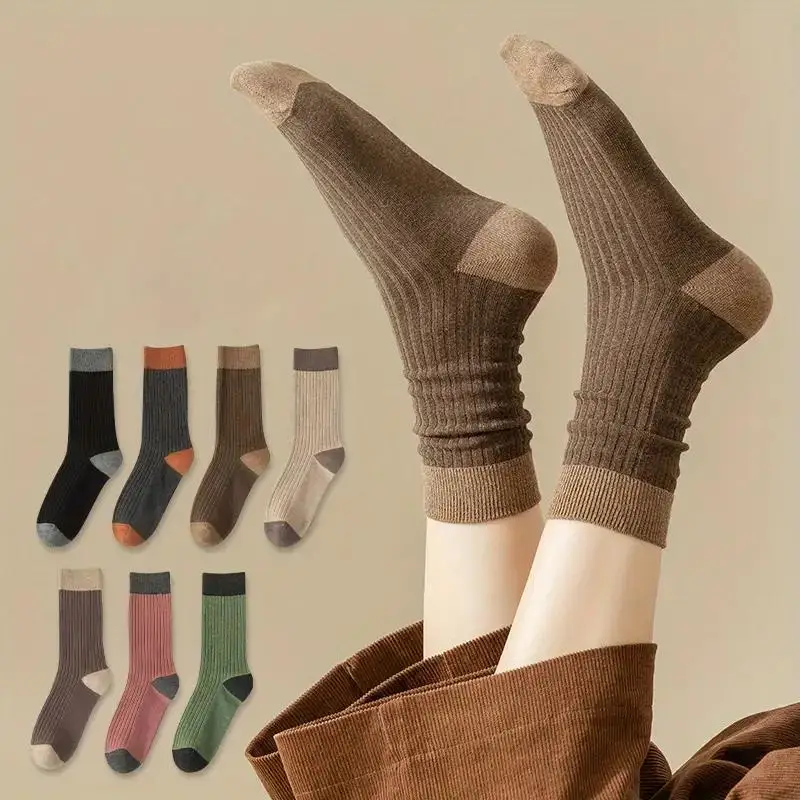 7 Pairs of Cozy Patchwork Crew Socks - Soft, Breathable, and Comfy Mid Tube Socks for Fall & Winter