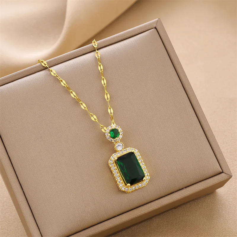 OIMG 316L Stainless Steel Temperament Green Red Imitation Gemstone Square Pendant Necklace For Women Girl Wedding Party Gifts