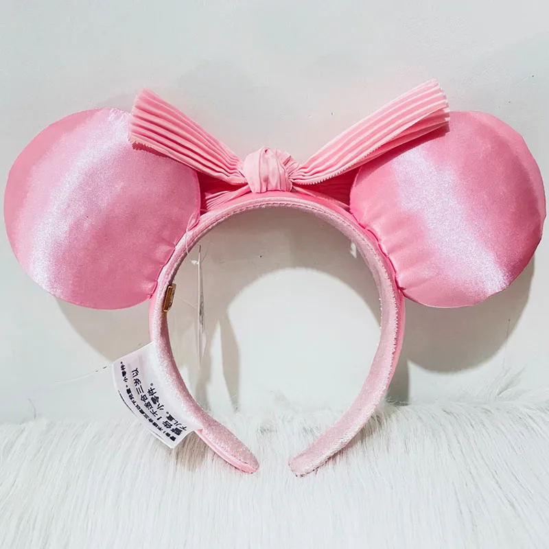 Disney Pink Headband Unique Diamond Pearls Mickey Ear For Adults Pleated Bow Headband Minnie Park Accessories Headwear