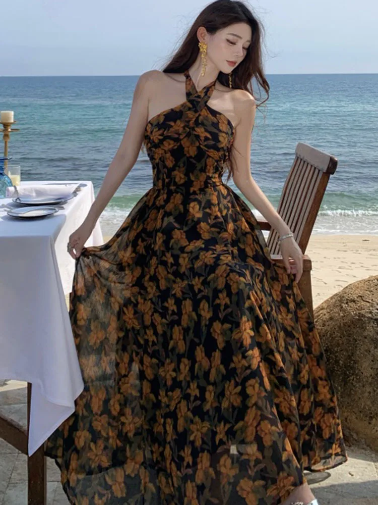 Elegant Boho Dress For Women Sexy Halter Off Shoulder Female Fashion Floral Print Chiffon Slim Beach Party Dress Robe 2025