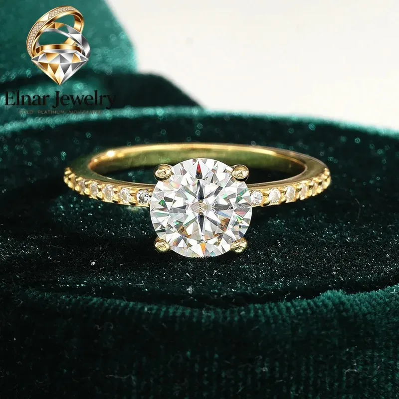 Elnar Jewelry Luxury 100% Real 18K Gold Four Claw Round Moissanite Diamond Ring for Women | High-End Fine Jewelry Gift