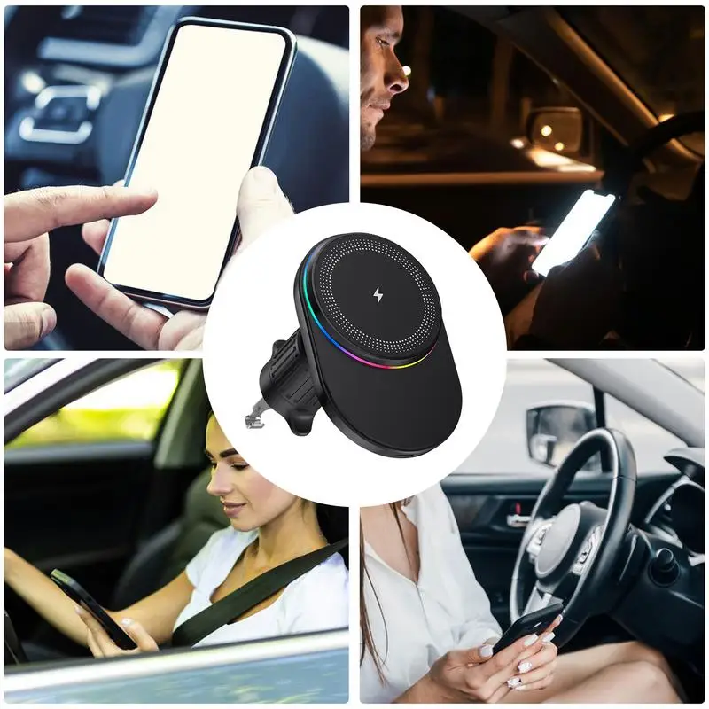 Portable Magnetic Wireless Charger Vehicle Phone Charger Holder With Colored Light Rotatable Phone Stand In The Vehicle