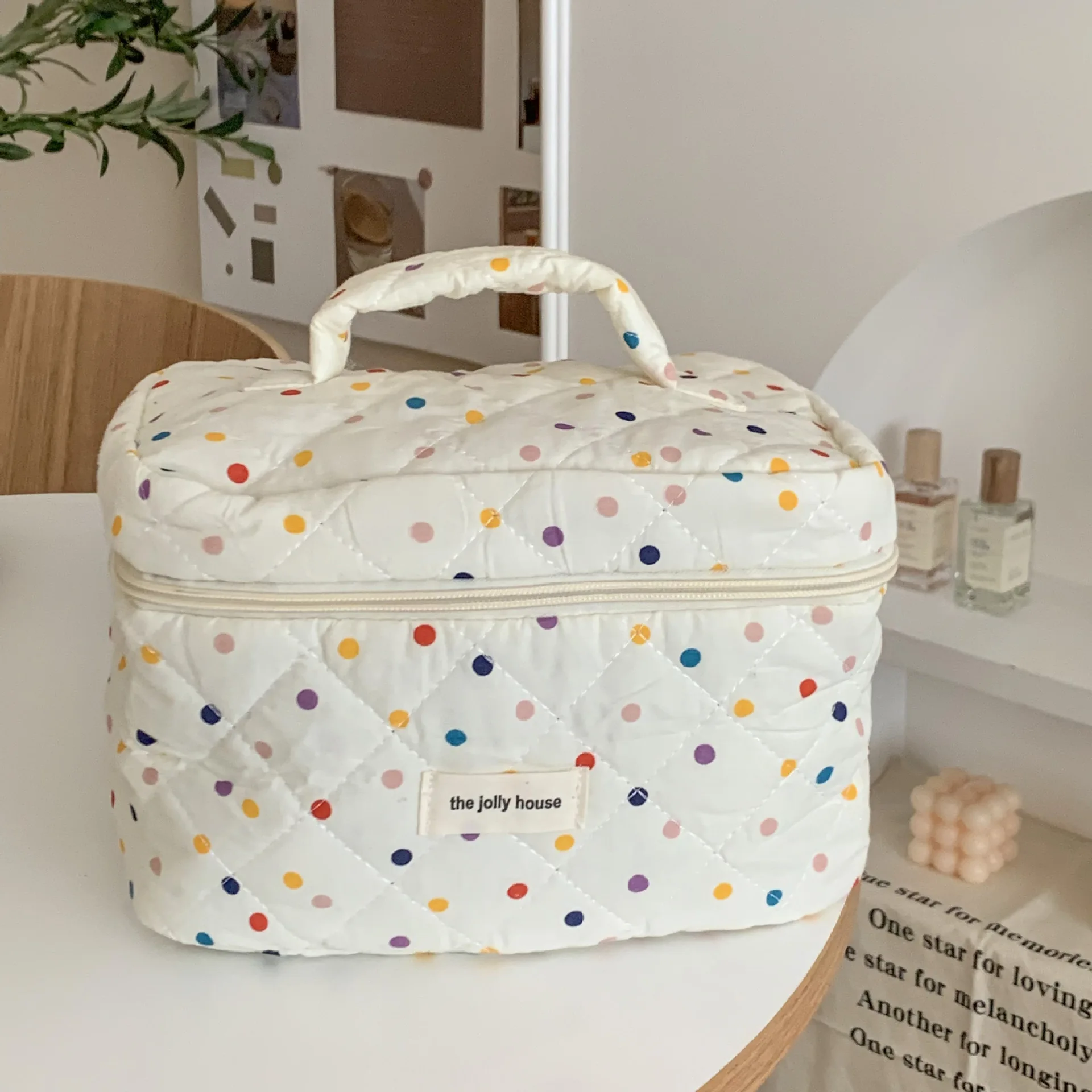 Bolsa de maquiagem portátil para mulheres, bolsa cosmética bonito, ponto redondo, grande capacidade, ponto de onda, bolsa de higiene pessoal