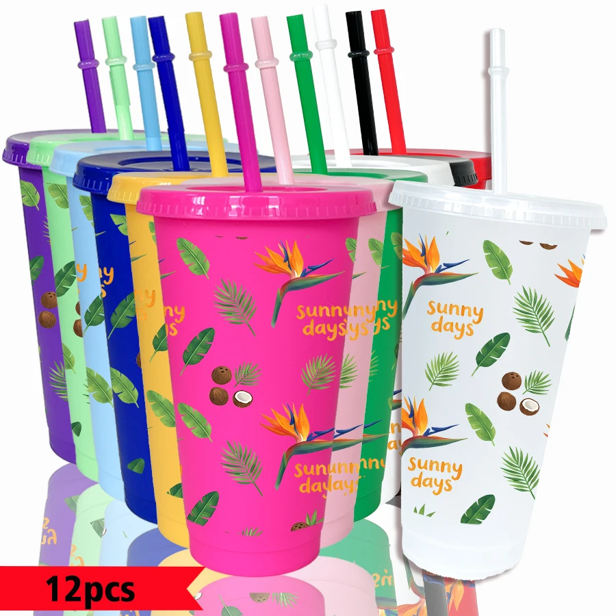 12pcs/pack Coconut Leaves Flower Pattern 26oz Colored Plastic Party Cold Drink Cup for Back-to-school Birthday Gift